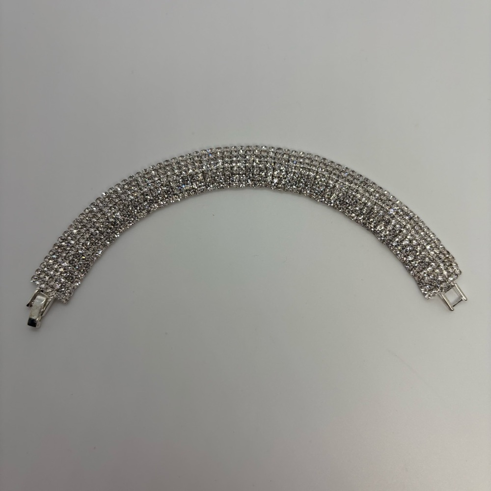 Wide 7 Row Clear Crystal Rhinestone Bracelet in Silver Tone, Brand New